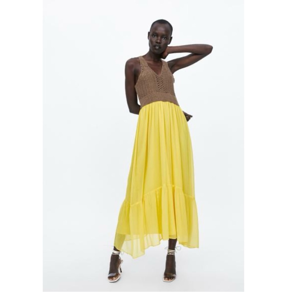 Zara Brown & Yellow Crochet Top Knit Dress